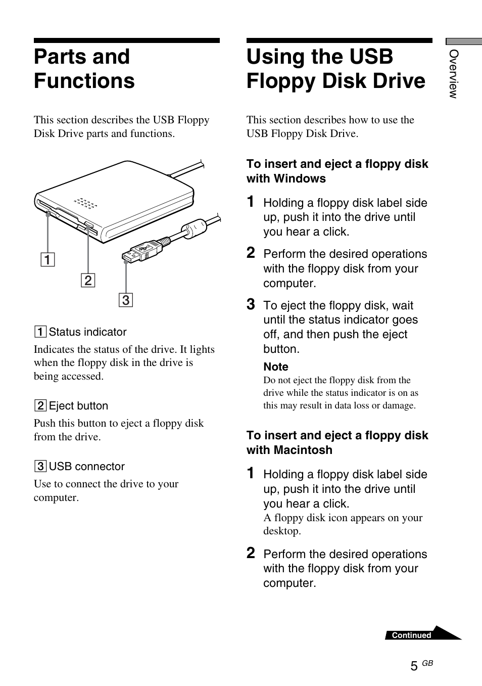 Parts and functions, Using the usb floppy disk drive | Sony M-PF88E User Manual | Page 17 / 28