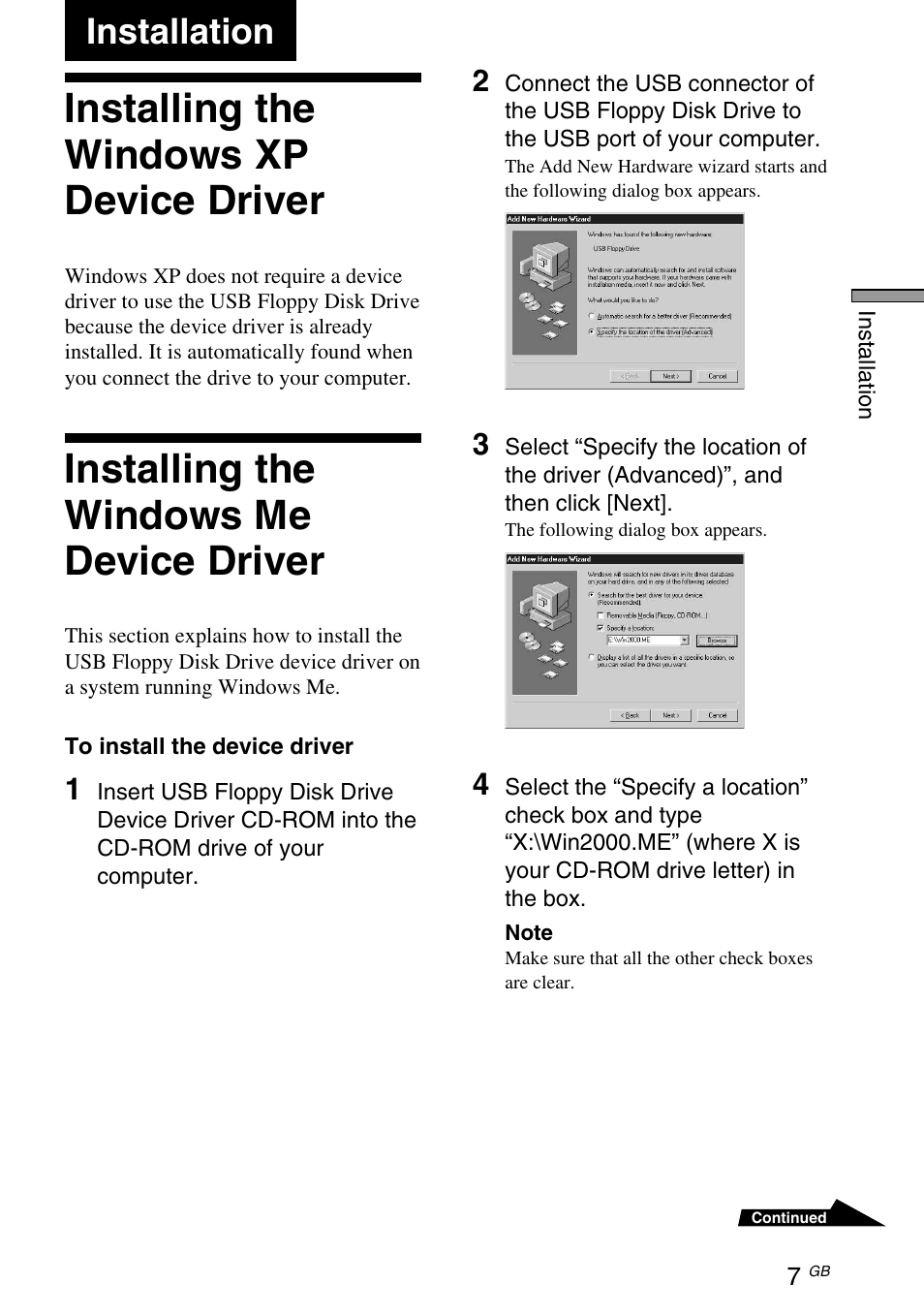 Installation, Installing the windows xp device driver, Installing the windows me device driver | Sony M-PF88E User Manual | Page 19 / 28