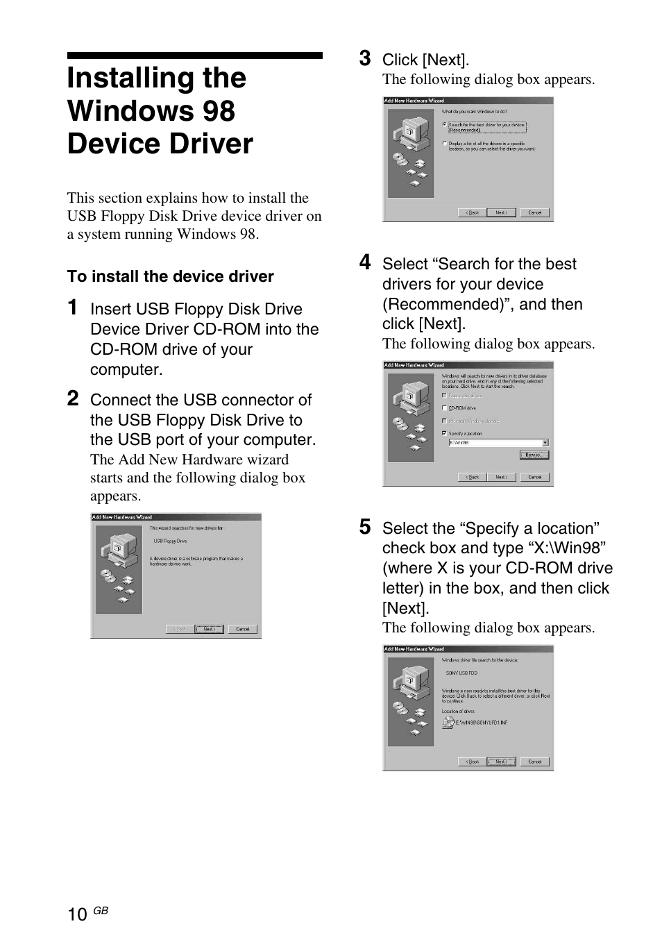 Installing the windows 98 device driver | Sony M-PF88E User Manual | Page 22 / 28