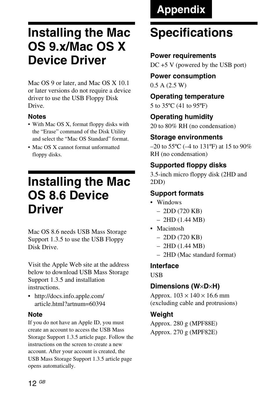 Installing the mac os 9.x/mac os x device driver, Installing the mac os 8.6 device driver, Appendix | Specifications | Sony M-PF88E User Manual | Page 24 / 28