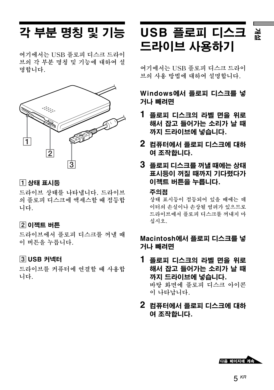ｴܴﾀ ﾇﾃｷﾎﾇﾇ ｵ䯿ｺﾅｩ, ｰ｢ ｺﾎｺﾐ ｸｪ ｹﾗ ｱ箒ﾉ, Usb ﾇﾃｷﾎﾇﾇ ｵ䯿ｺﾅｩ ｵ蠍ﾌｺ鹽 ｻ鄙䆂ﾏｱ祟 | 대응 플로피 디스크 각 부분 명칭 및 기능 usb 플로피 디스크 드라이브, 사용하기, 각 부분 명칭 및 기능, Usb 플로피 디스크 드라이브 사용하기 | Sony M-PF88E User Manual | Page 5 / 28