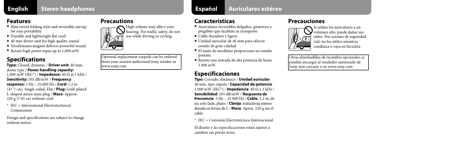 English stereo headphones precautions, Features, Specifications | Español auriculares estéreo precauciones, Característícas, Especificaciones | Sony MDR-V55 User Manual | Page 2 / 2