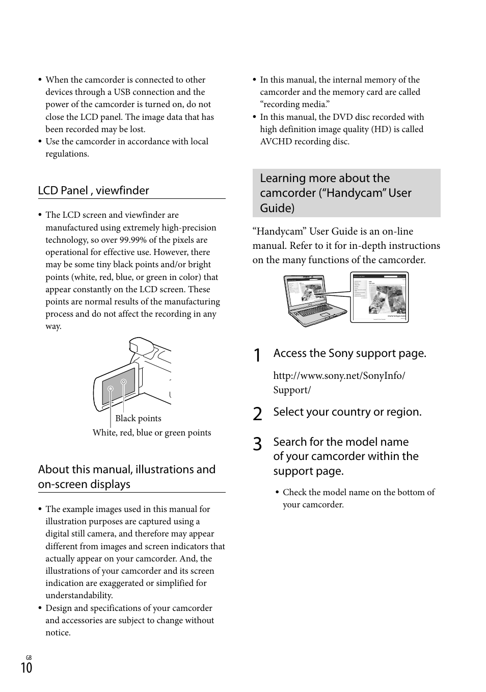 Lcd panel , viewfinder, Access the sony support page, Select your country or region | Sony HDR-PJ790V User Manual | Page 10 / 76