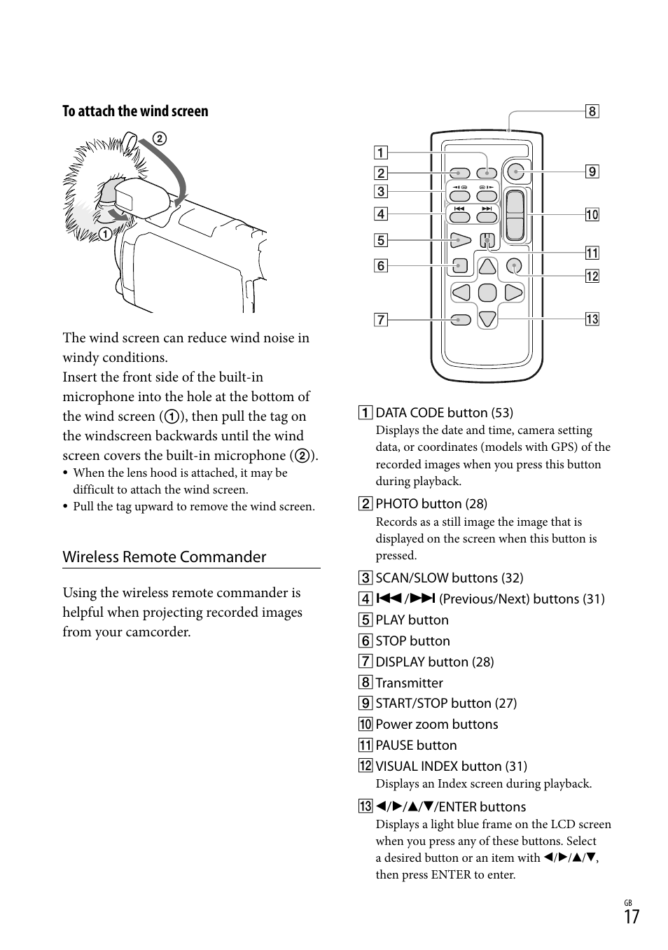 Wireless remote commander | Sony HDR-PJ790V User Manual | Page 17 / 76