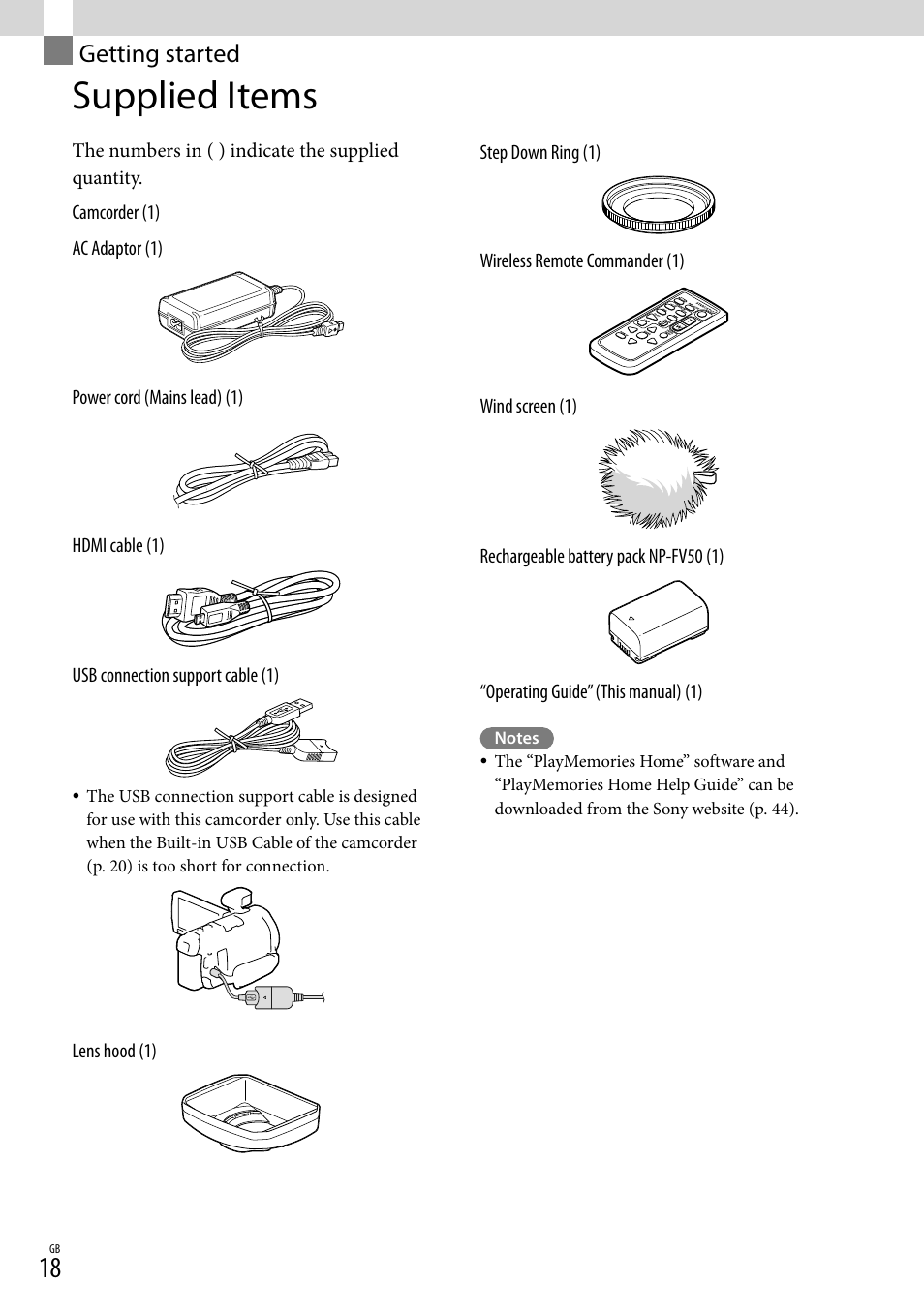Getting started, Supplied items | Sony HDR-PJ790V User Manual | Page 18 / 76
