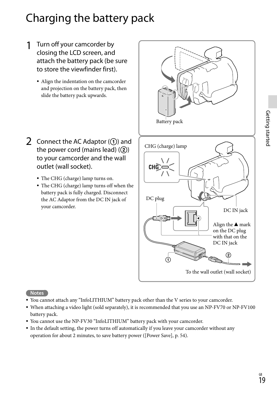 Charging the battery pack, Y pack (19), Dc in jack (19) | Ge) lamp (19) | Sony HDR-PJ790V User Manual | Page 19 / 76