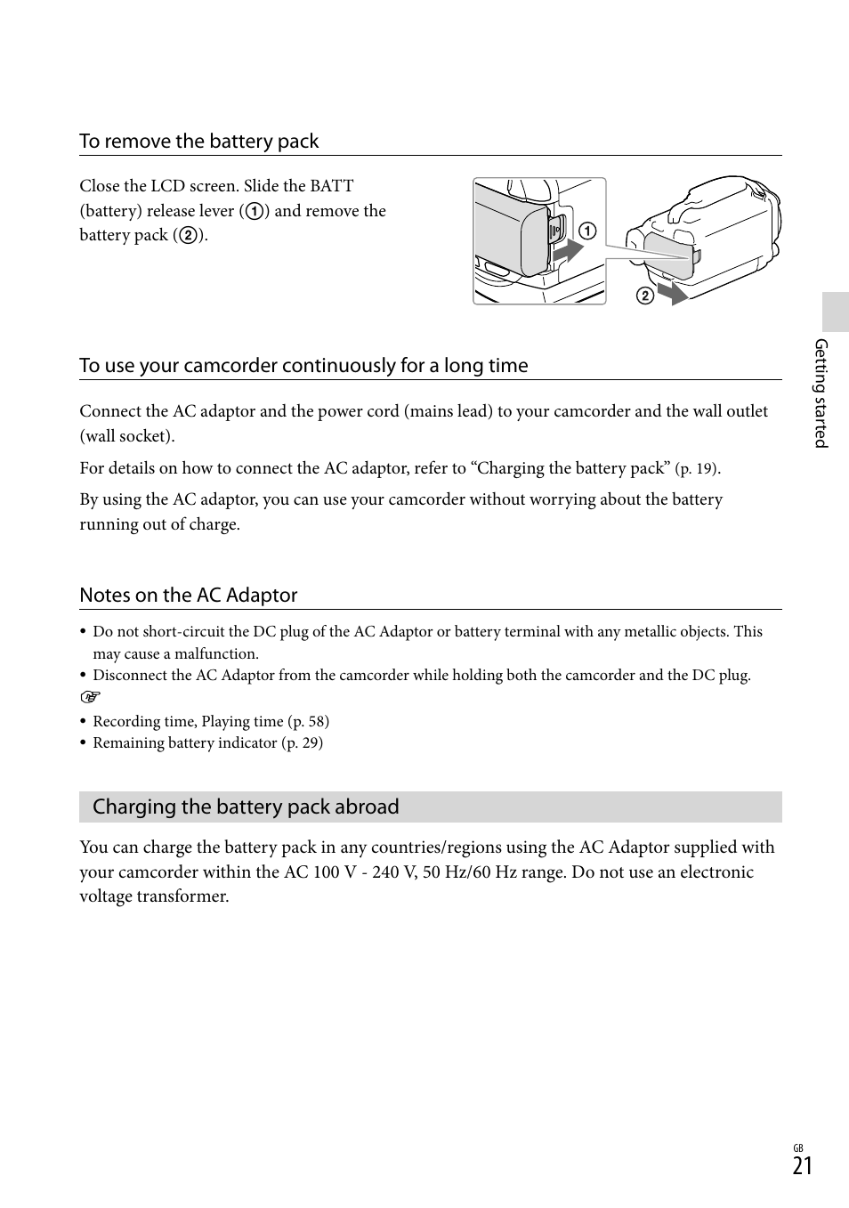 Charging the battery pack abroad | Sony HDR-PJ790V User Manual | Page 21 / 76