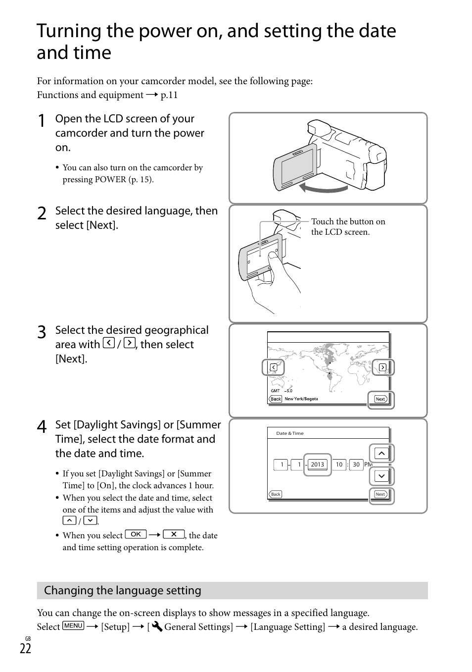 Changing the language setting, 22). th, Ouch panel (22, 24) | Sony HDR-PJ790V User Manual | Page 22 / 76