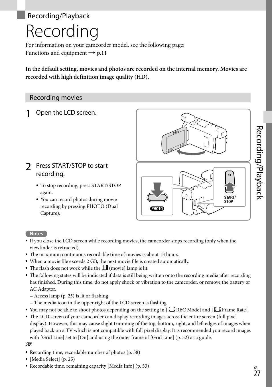Recording/playback, Recording, Recording movies | On (27), Rec or ding/p la yback | Sony HDR-PJ790V User Manual | Page 27 / 76