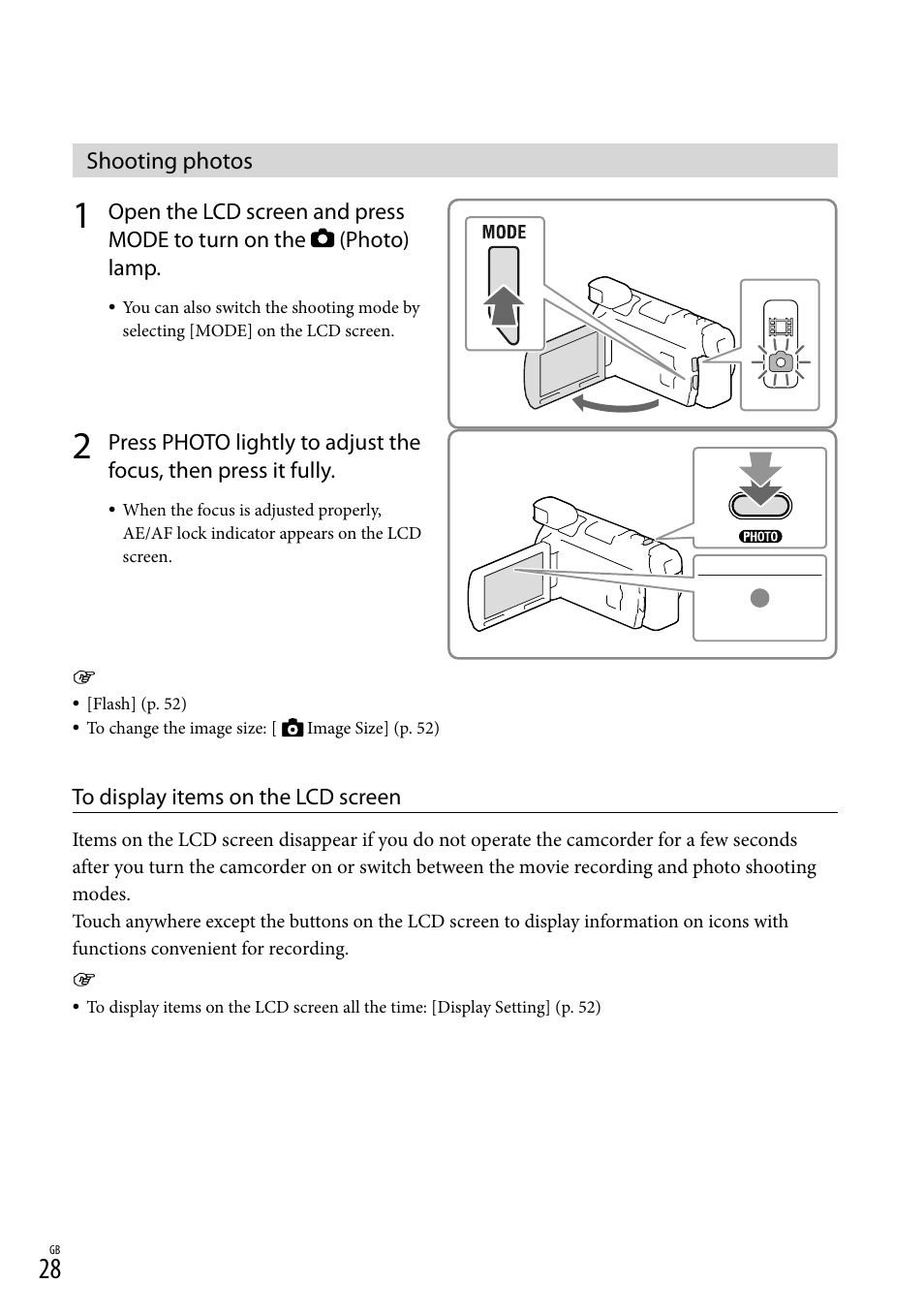 Shooting photos, On (28) | Sony HDR-PJ790V User Manual | Page 28 / 76