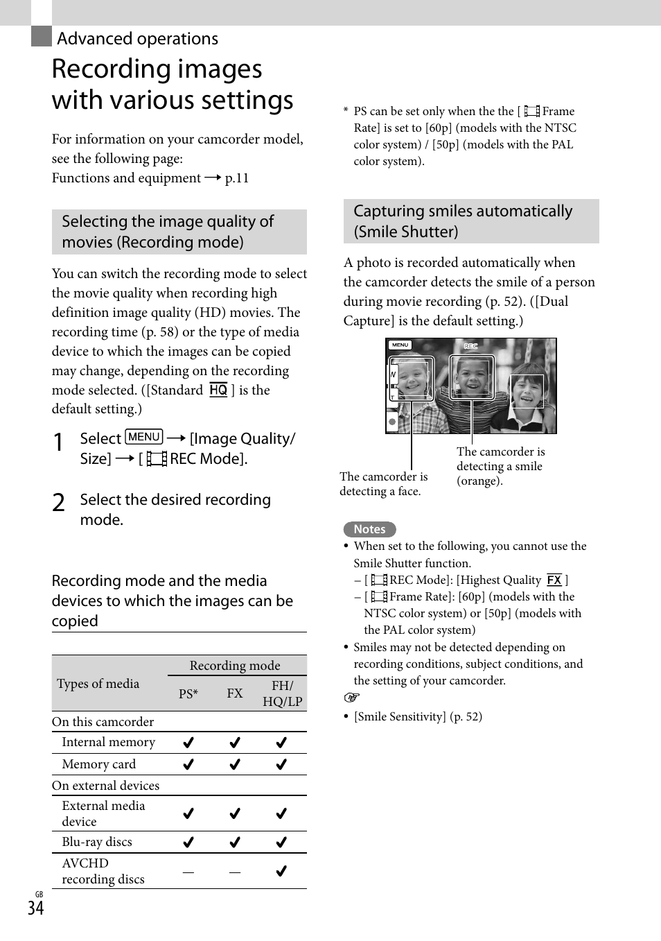 Advanced operations, Recording images with various settings, Capturing smiles automatically (smile shutter) | Ie size (mp4) (34) | Sony HDR-PJ790V User Manual | Page 34 / 76