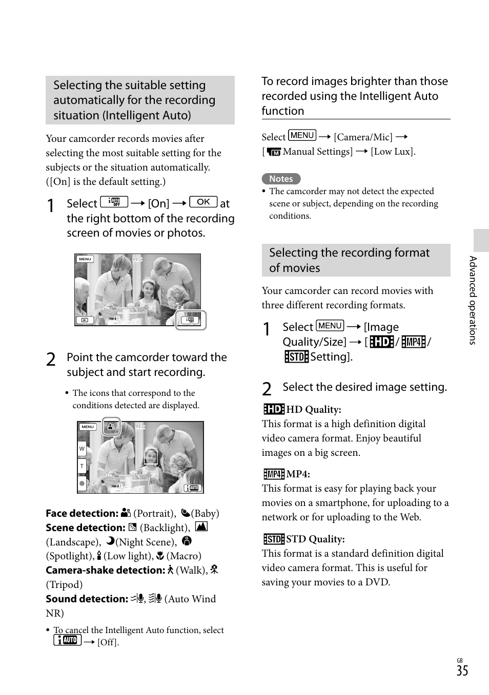 Selecting the recording format of movies, O (35), N (35) | Sony HDR-PJ790V User Manual | Page 35 / 76