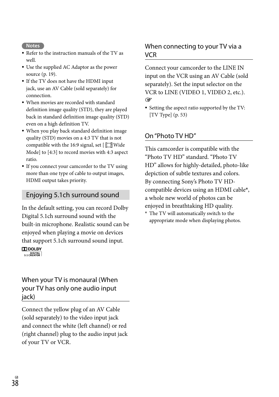 Enjoying 5.1ch surround sound, When connecting to your tv via a vcr, On “photo tv hd | Sony HDR-PJ790V User Manual | Page 38 / 76