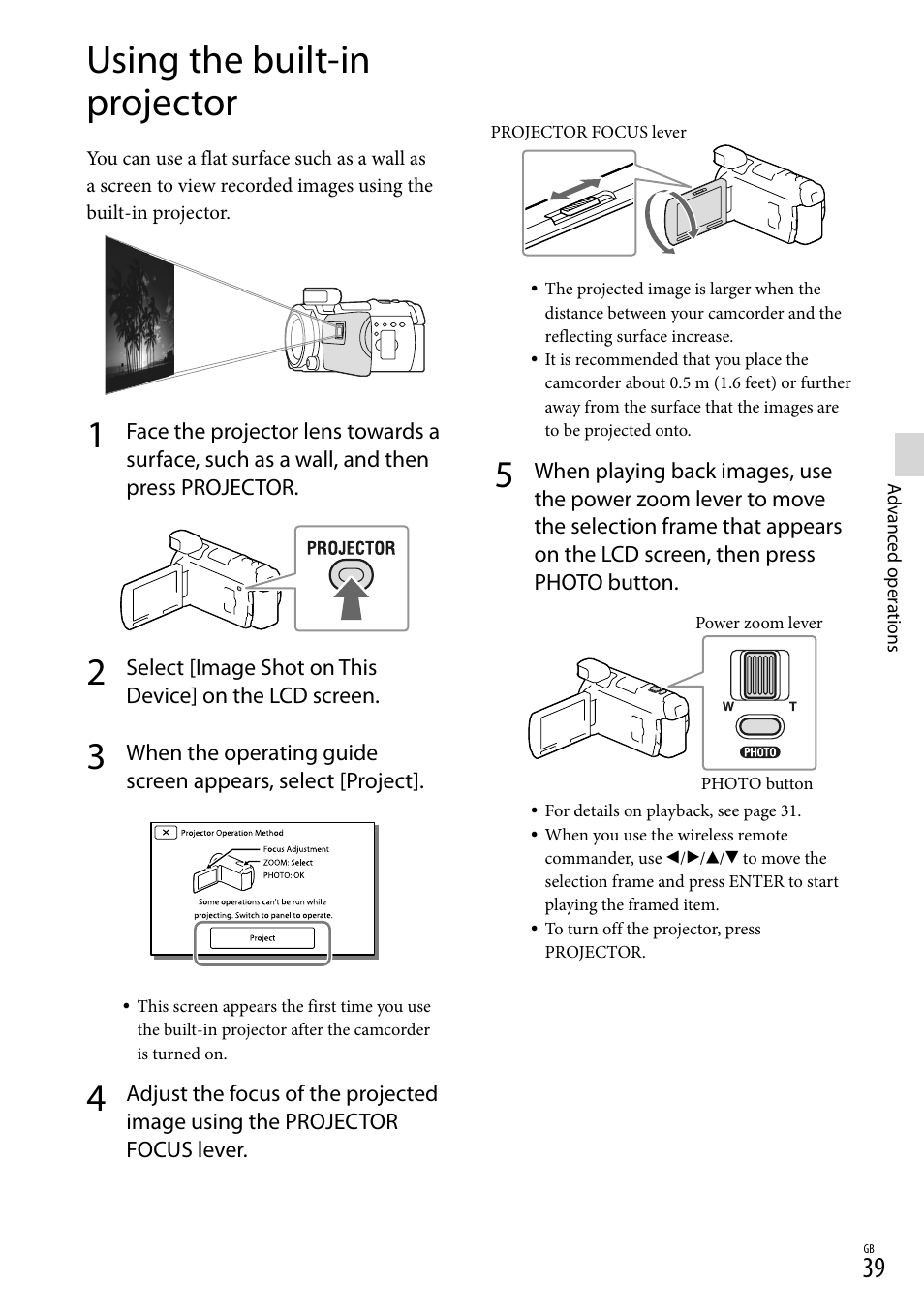 Using the built-in projector, Er (39), Or lens (39) | On (39) | Sony HDR-PJ790V User Manual | Page 39 / 76