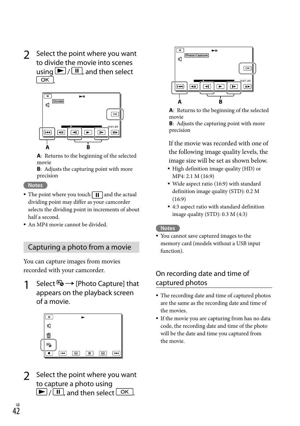 Capturing a photo from a movie, On recording date and time of captured photos | Sony HDR-PJ790V User Manual | Page 42 / 76