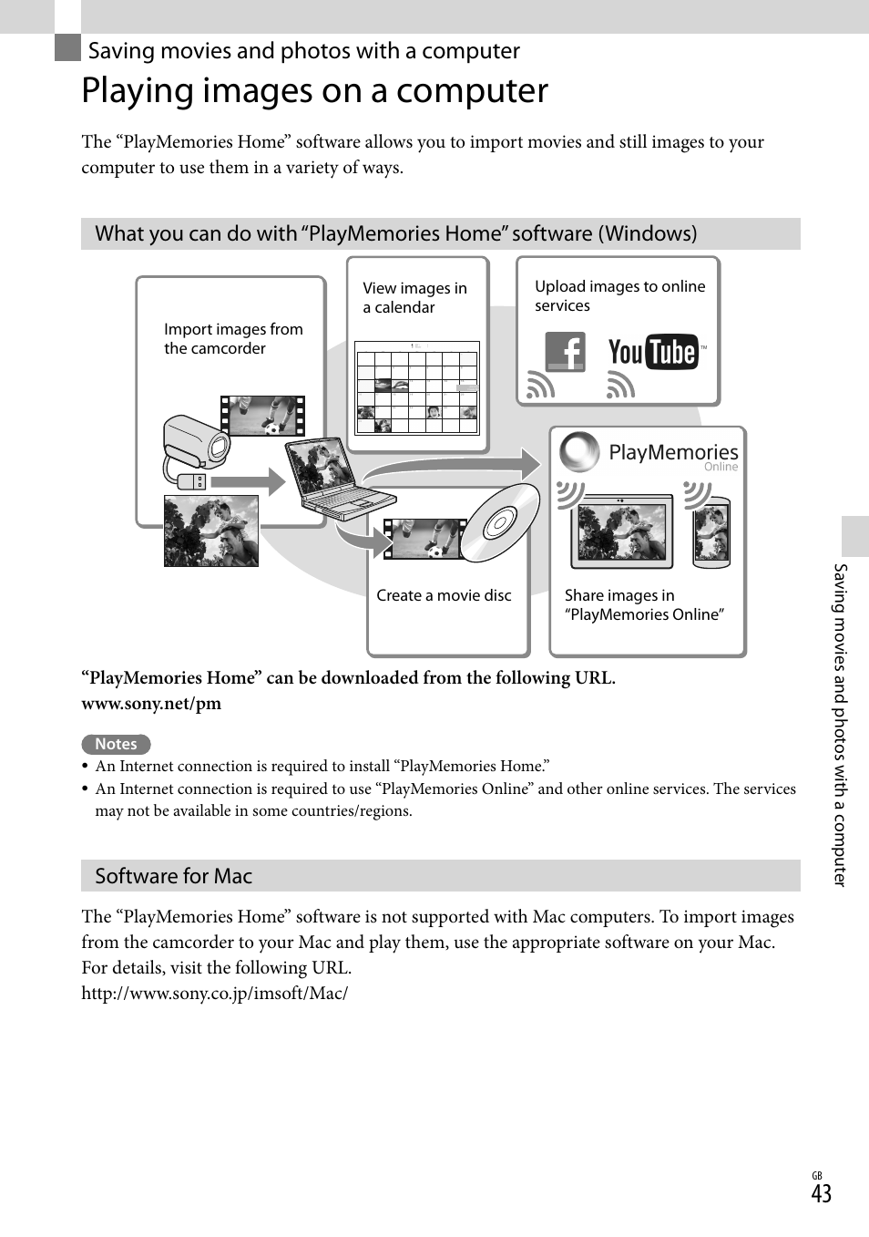 Saving movies and photos with a computer, Playing images on a computer, Software for mac | Saving movies and photos, With a computer | Sony HDR-PJ790V User Manual | Page 43 / 76