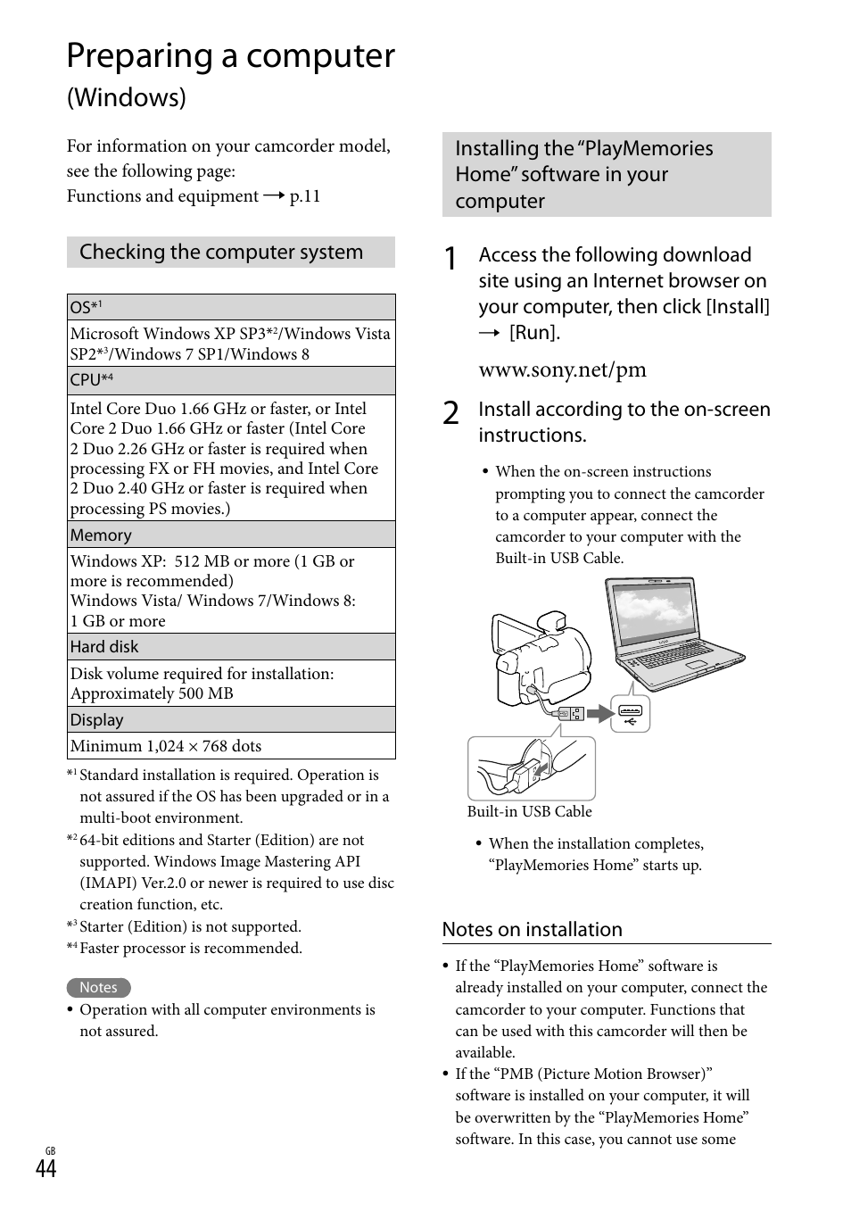 Preparing a computer (windows), Checking the computer system, Preparing a computer | Windows), Install according to the on-screen instructions | Sony HDR-PJ790V User Manual | Page 44 / 76