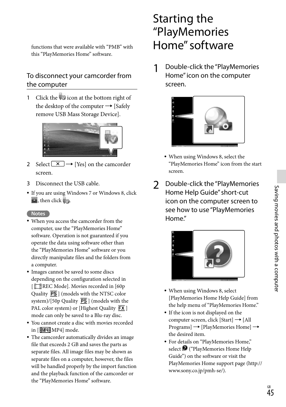 Starting the “playmemories home” software | Sony HDR-PJ790V User Manual | Page 45 / 76