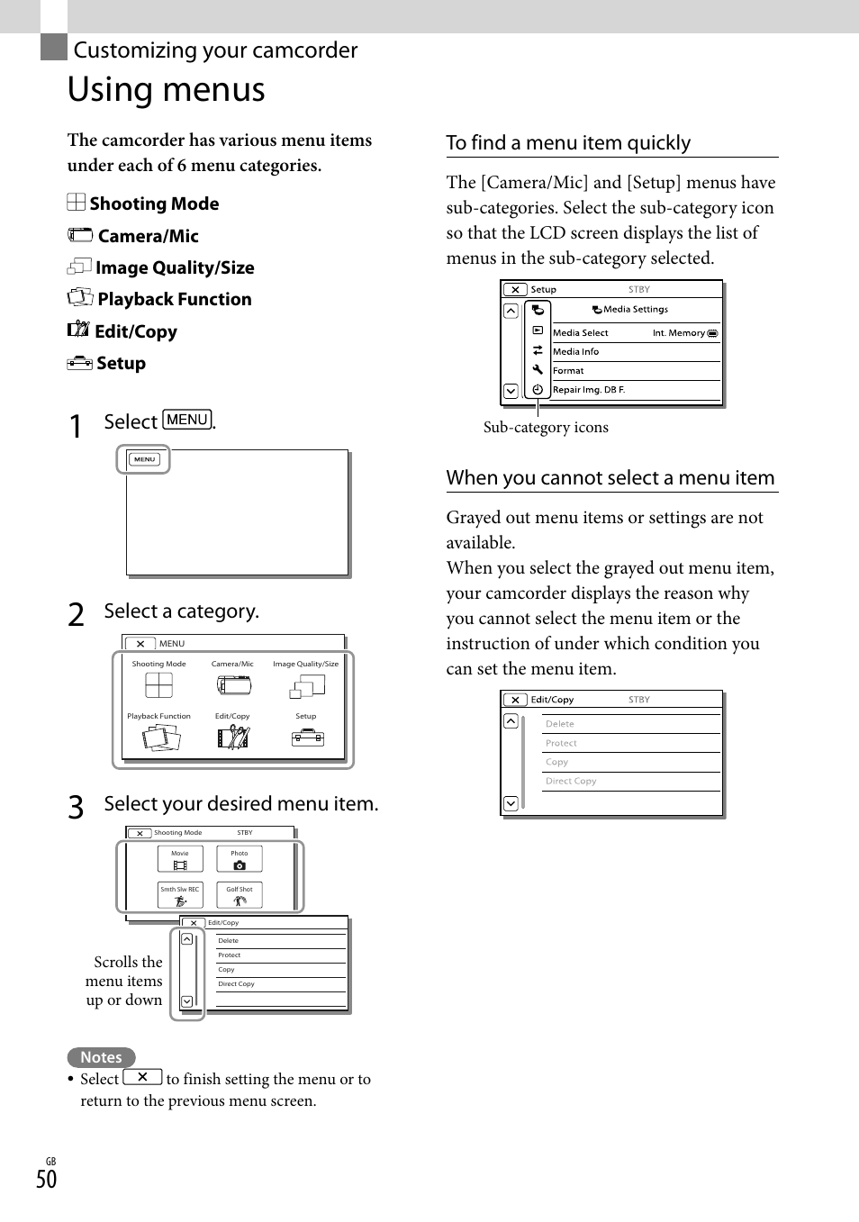 Customizing your camcorder, Using menus, N (50) | Select, Select a category, Select your desired menu item, When you cannot select a menu item | Sony HDR-PJ790V User Manual | Page 50 / 76