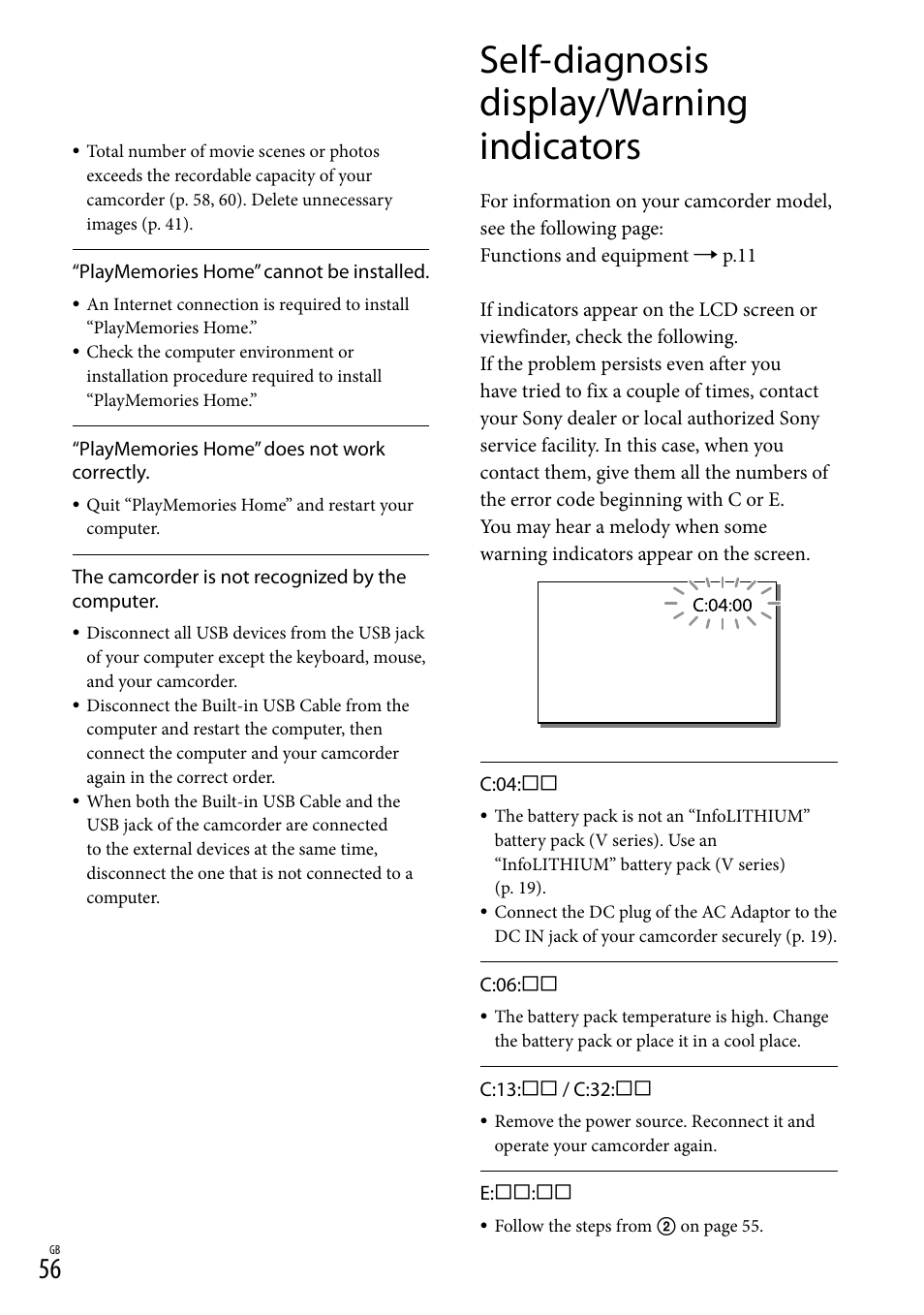 Self-diagnosis display/warning indicators | Sony HDR-PJ790V User Manual | Page 56 / 76