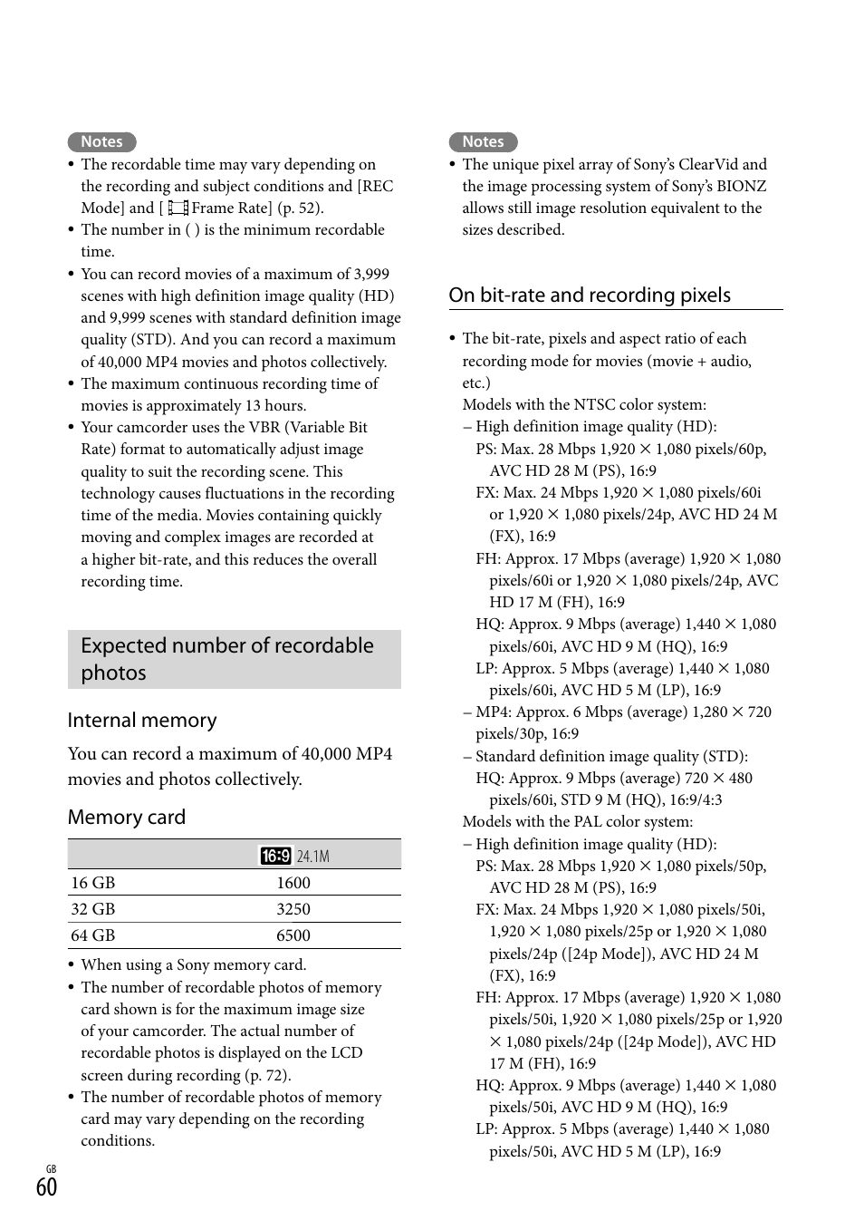 Expected number of recordable photos, On bit-rate and recording pixels | Sony HDR-PJ790V User Manual | Page 60 / 76