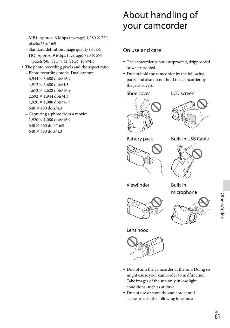 About handling of your camcorder, On use and care | Sony HDR-PJ790V User Manual | Page 61 / 76