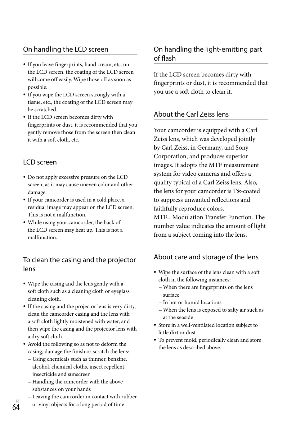 On handling the lcd screen, Lcd screen, On handling the light-emitting part of flash | About the carl zeiss lens, About care and storage of the lens | Sony HDR-PJ790V User Manual | Page 64 / 76