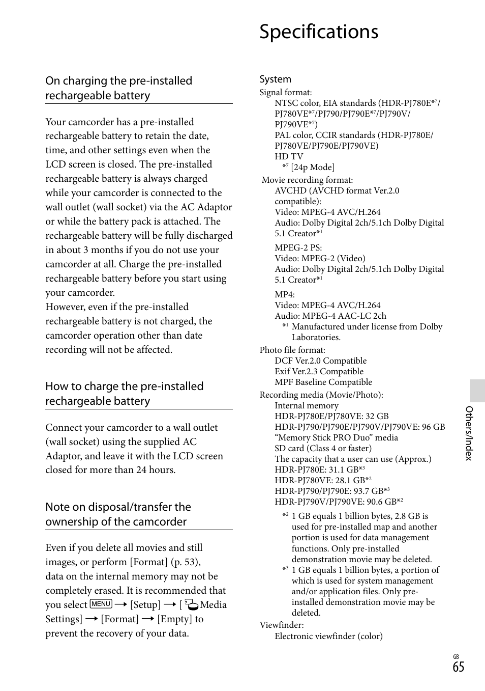 Specifications, On charging the pre-installed rechargeable battery | Sony HDR-PJ790V User Manual | Page 65 / 76