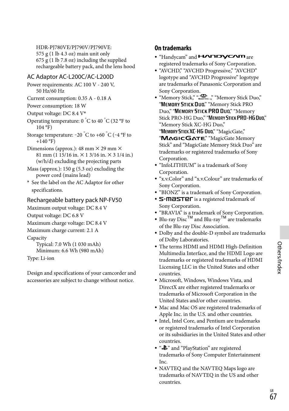 On trademarks, Rechargeable battery pack np-fv50 | Sony HDR-PJ790V User Manual | Page 67 / 76