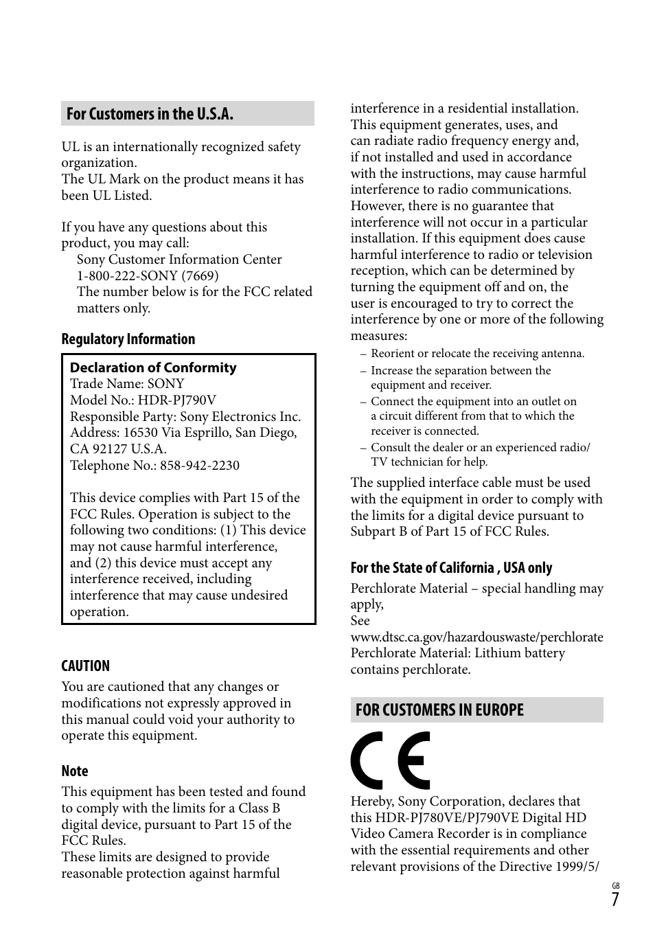 For customers in the u.s.a, For customers in europe | Sony HDR-PJ790V User Manual | Page 7 / 76