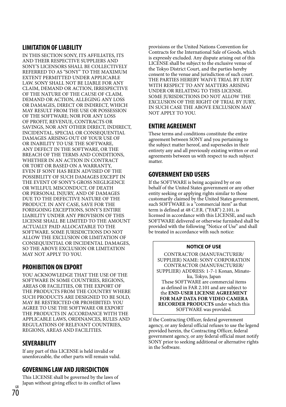 Limitation of liability, Prohibition on export, Severability | Governing law and jurisdiction, Entire agreement, Government end users | Sony HDR-PJ790V User Manual | Page 70 / 76