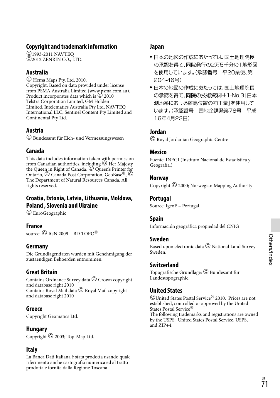 Copyright and trademark information, Australia, Austria | Canada, France, Germany, Great britain, Greece, Hungary, Italy | Sony HDR-PJ790V User Manual | Page 71 / 76