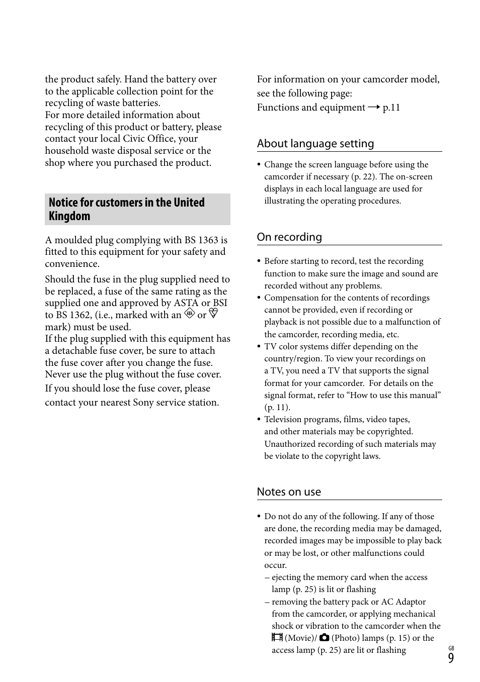 Notice for customers in the united kingdom, About language setting, On recording | Sony HDR-PJ790V User Manual | Page 9 / 76