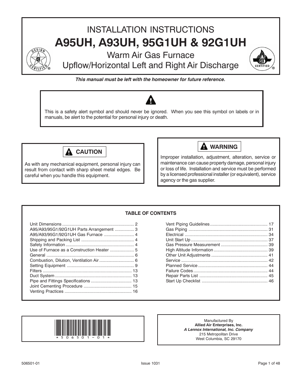 Allied Air Enterprises 92G1UH User Manual | 48 pages