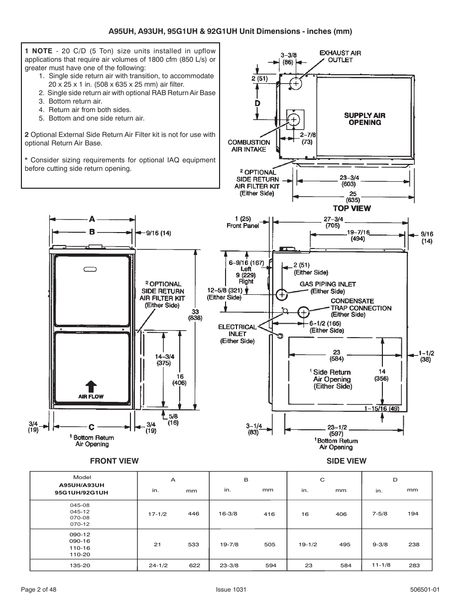 Front view side view | Allied Air Enterprises 92G1UH User Manual | Page 2 / 48