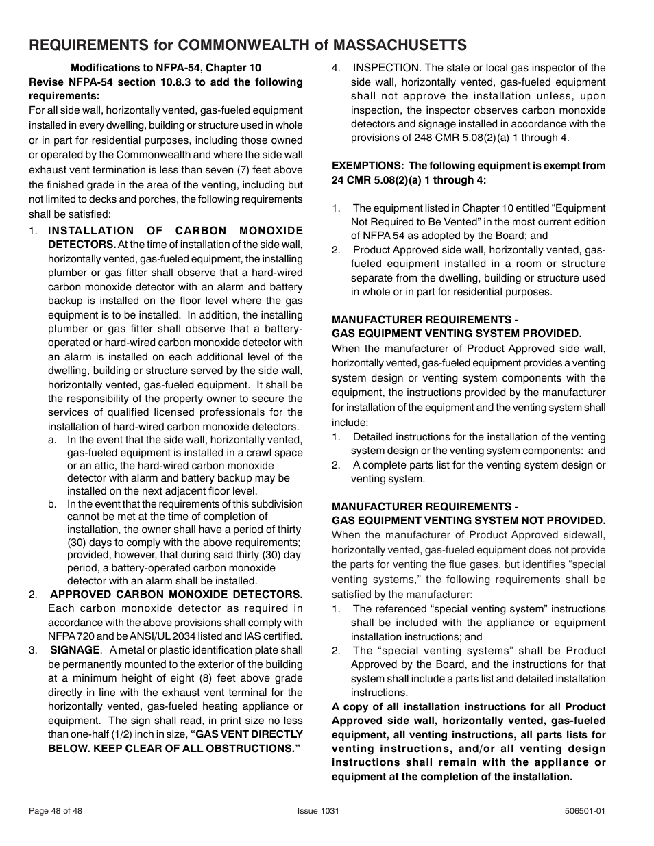 Requirements for commonwealth of massachusetts | Allied Air Enterprises 92G1UH User Manual | Page 48 / 48