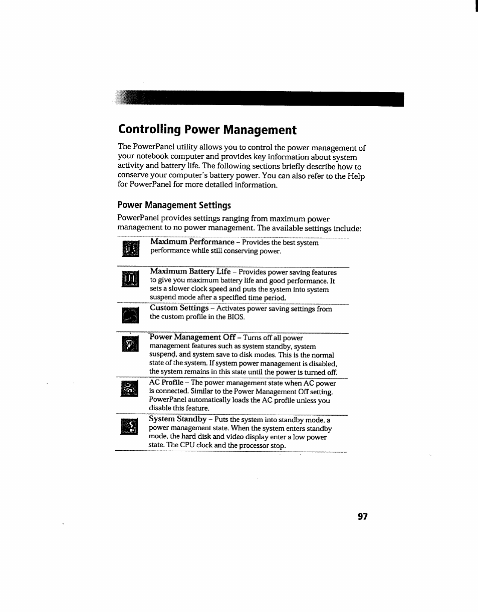 Controlling power management, Power management settings | Sony PCG-705 User Manual | Page 105 / 160