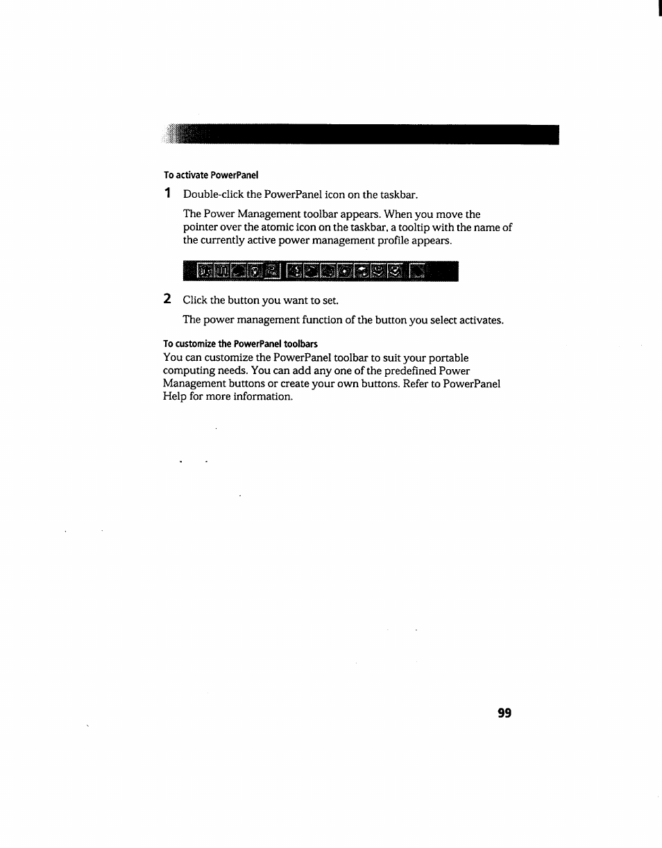 To activate powerpanel, To customize the powerpanel toolbars | Sony PCG-705 User Manual | Page 107 / 160