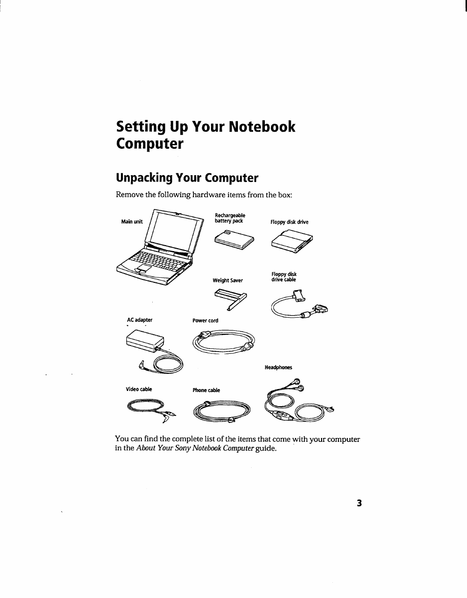 Setting up your notebook computer, Unpacking your computer | Sony PCG-705 User Manual | Page 11 / 160