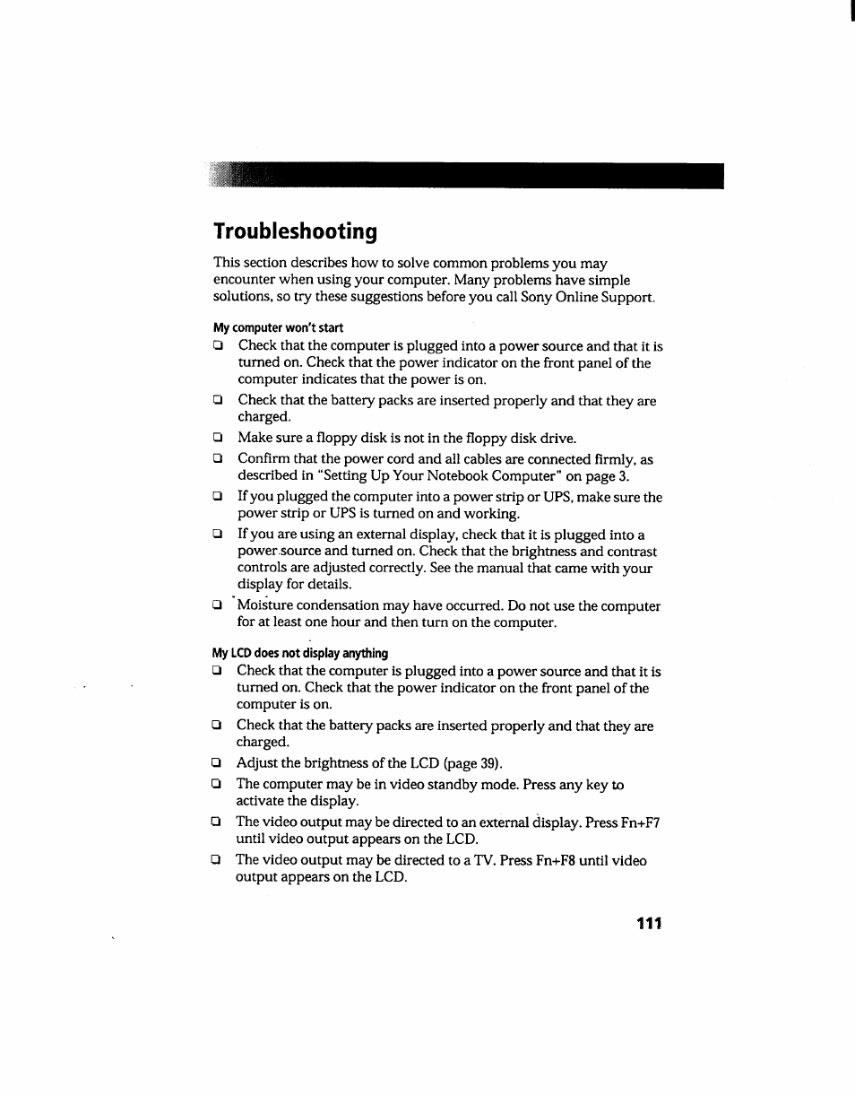 Troubleshooting, My computer won't start, My lcd does not display anything | Sony PCG-705 User Manual | Page 119 / 160