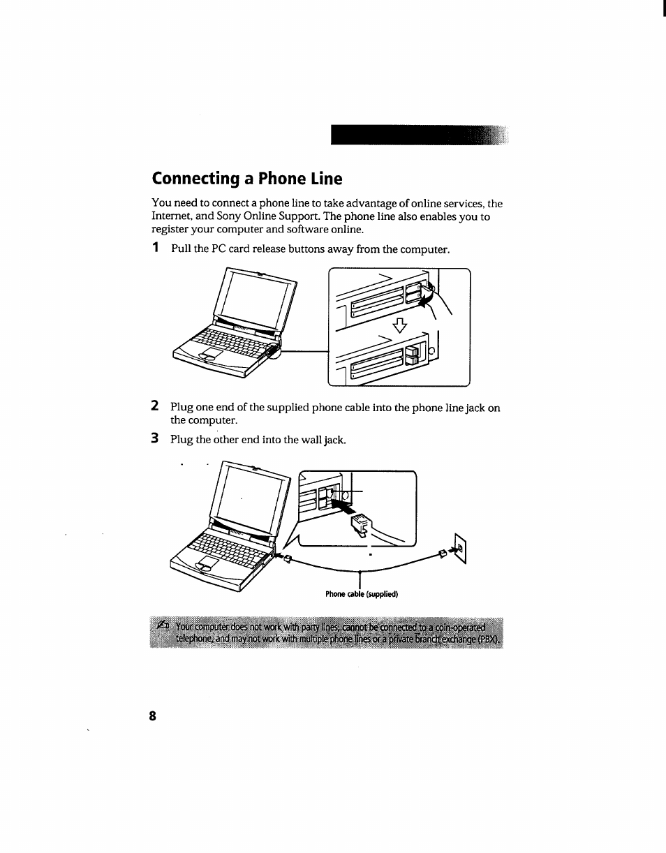 Connecting a phone line | Sony PCG-705 User Manual | Page 16 / 160