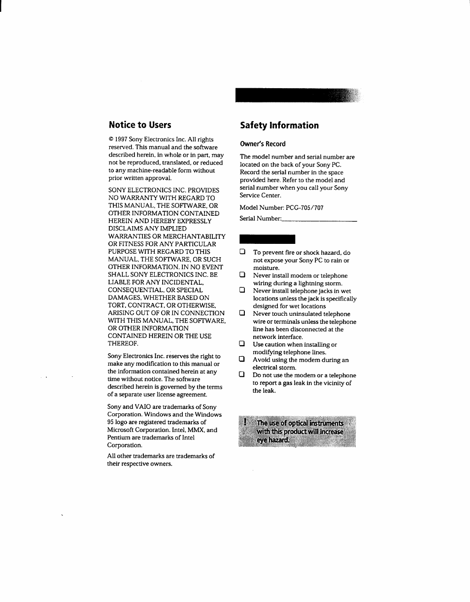Notice to users, Safety information, Owner's record | Sony PCG-705 User Manual | Page 2 / 160