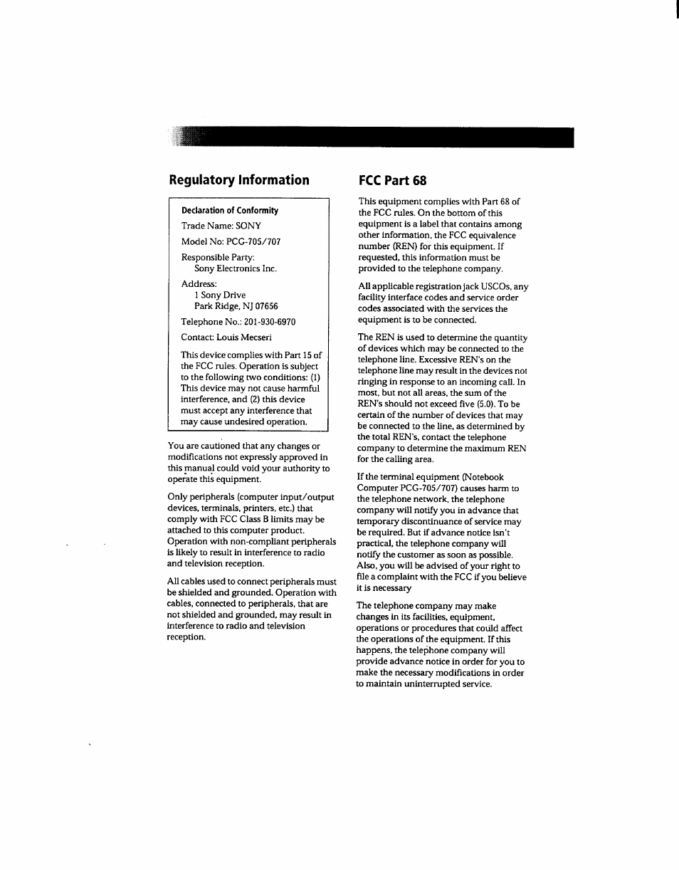 Regulatory information fcc part 68 | Sony PCG-705 User Manual | Page 3 / 160