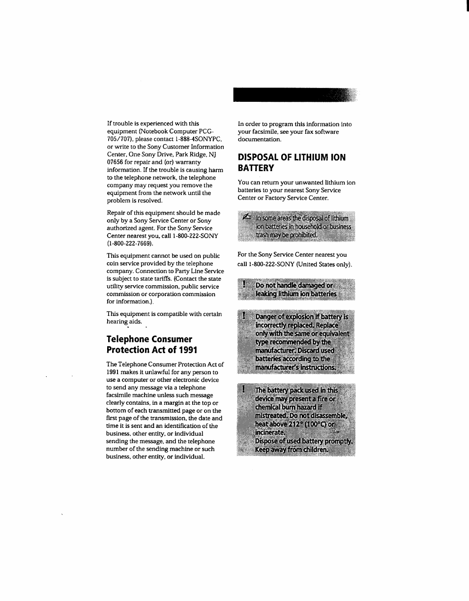Telephone consumer protection act of 1991, Disposal of lithium ion battery | Sony PCG-705 User Manual | Page 4 / 160