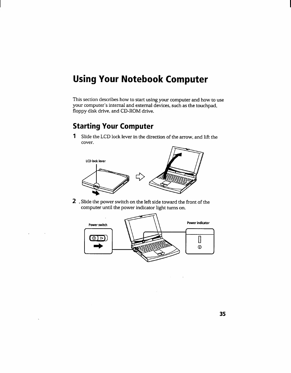 Using your notebook computer, Starting your computer | Sony PCG-705 User Manual | Page 43 / 160