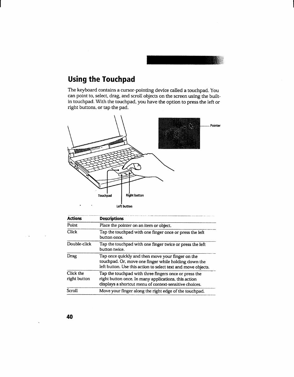 Using the touchpad | Sony PCG-705 User Manual | Page 48 / 160