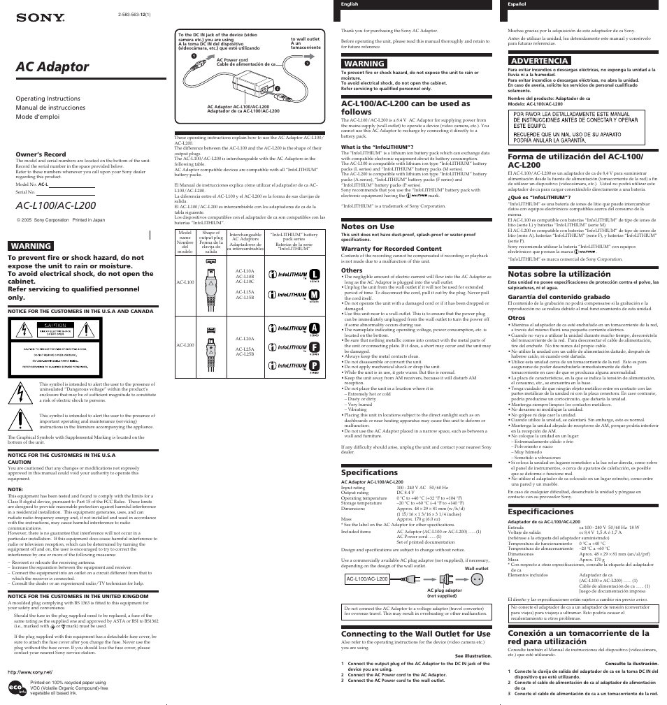 Sony AC-L100 User Manual | 2 pages