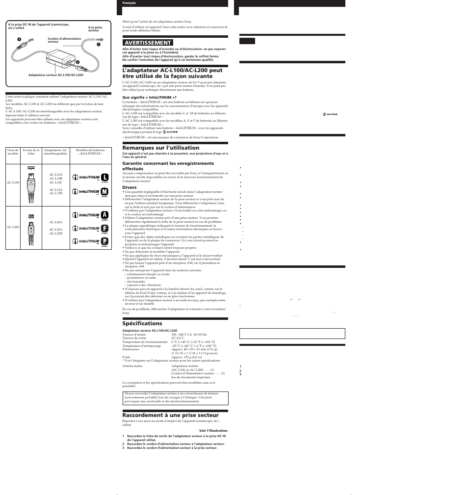 Avertissement, Remarques sur l’utilisation, Spécifications | Raccordement à une prise secteur, 使用前須注意, 連接到牆上插座使用 | Sony AC-L100 User Manual | Page 2 / 2