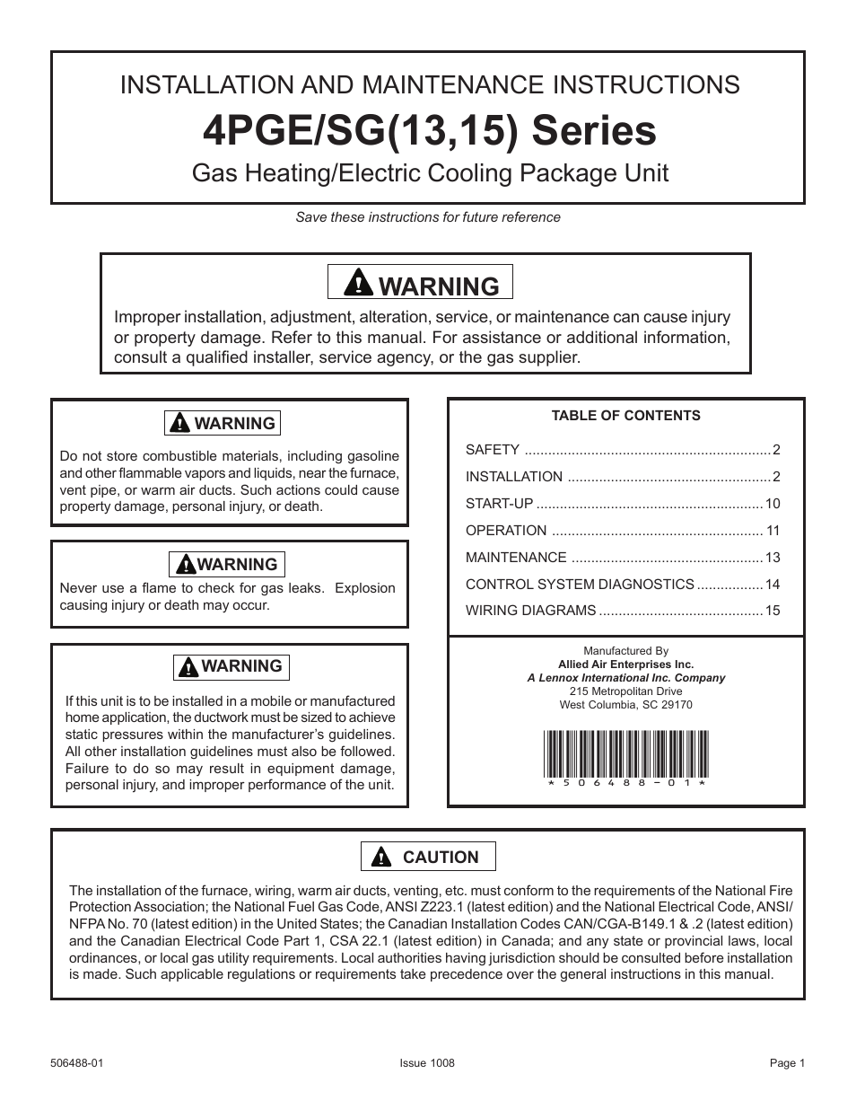 Allied Air Enterprises 4PGE User Manual | 16 pages