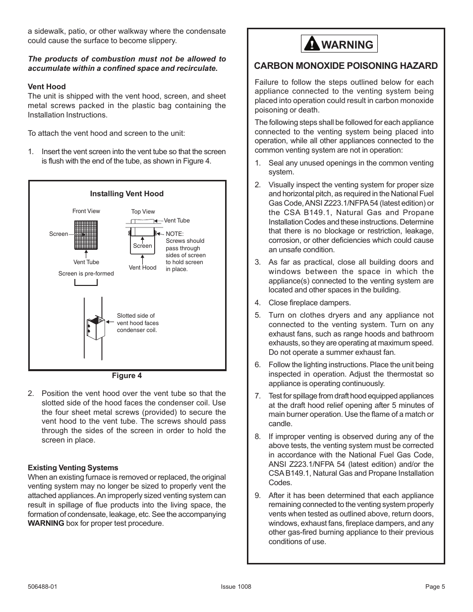 Warning, Carbon monoxide poisoning hazard | Allied Air Enterprises 4PGE User Manual | Page 5 / 16